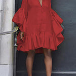 Flared Sleeves Loose Pleated Solid Color Split-Joint V-Neck Mini Dresses