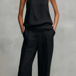 Women's Elegant Black Cotton And Linen Round-neck Sleeveless Top And Trousers Set