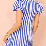 Indulge in Timeless Striped Print Puff Sleeve Pocketed Wavy Maxi Dress