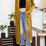 Yellow Velvet Elegant Open Front Pocket Long Cardigan