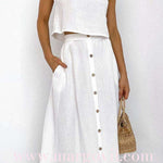 Margovil Sleeveless Crop Top and Button Down Skirt Cotton Linen Two Pieces