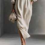 Women's Beige Relaxed Cotton Drawstring - Detail Maxi Dress