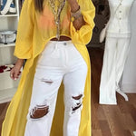 Solid Color Semi-transparent Stand Collar Lantern Sleeve High-low Long Top