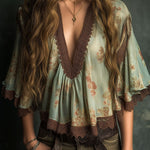 Vintage V-Neck Floral Chiffon Lace Trim Blouse With Bell Sleeves