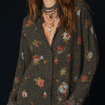 Retro Floral Print Curved Hem Ruffled Sleeves Blouse