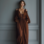 Women's Chocolate Brown Cotton And Linen Off-the-shoulder V-neck Long Dress