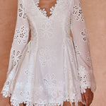 Diaz Embroidery Hollow Fabric Delicate Flower Trim Long Sleeve Side Lace-up Mini Dress