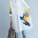 White Asymmetric Printed Split-Side Long Sleeves Shirt Dress