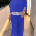 Stylish Sequin Patchwork Dolman Sleeve Top and Elastic Waist Wide Leg Pants Set
