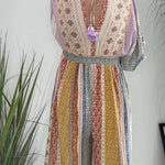 Last Queen Retro Floral Flare Sleeve Pocketed Loose Wide Leg Jumpsuit