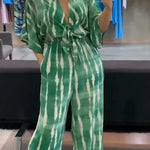 Striped Print V-Neck Lace-Up Casual Wide-Leg Jumpsuit
