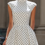 Vintage Polka Dot Mock Neck Cap-Sleeve Midi Dress