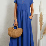 Loose Short Sleeves Pleated Solid Color Round-Neck Midi Dresses