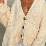 Solid Color Loose Long Sleeve V-neck Pocket Knitted Sweater Cardigan
