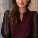 Sheer Puff Sleeve Button-Up Blouse