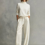 Women's Cream Soft Knit Chic Turtleneck Top & Flowy Wide-Leg Pant Set