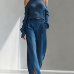 Women's Blue Elegant Ribbed Knit Cold - Shoulder Sweater And Wide - Leg Pants Set
