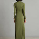 Women's Olive Silky Stretchy Dress With Deep V-Neck & Ruched Detail, Glamorous Maxi Dress