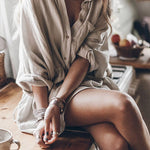 Gray Rolled-Up Sleeve Buttoned Drawstring Textured Dress