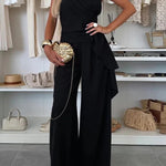 Elegant Solid Color Asymmetric Ruffles Bandeau Top and High Waist Wide Leg Pants Set