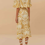 Korra Linen Blend Unique Print Wave Trim Bell Sleeve Top and Elastic Waist Pocket Midi Skirt Set