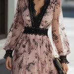 Lace-Trimmed Floral Pleated Midi Dress