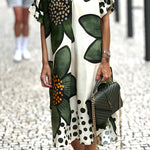Green flower v-neck short-sleeved loose dress