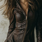 Brown Eco Leather Fitted Zip-Up Mini Dress With Flared Hem