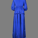 High Waisted Puff Sleeves Falbala Solid Color V-Neck Maxi Dresses
