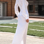 Long Sleeves Buckle Buttoned Pleated Solid Color Split-Front Lapel Maxi Dresses Shirt Dress