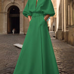 Half Sleeves Loose Belted Solid Color Deep V-Neck Maxi Dresses