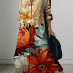 Long Sleeves Loose Flower Print Lapel Maxi Dresses Shirt Dress