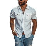 Men's Classic Casual Solid Color Slim Fit Multi-Pocket Polyester Cotton Short Sleeve Shirt