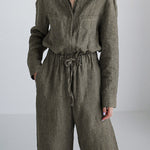 Urban Linen Drawstring Elastic Waisted Wide Leg Long Sleeves Jumpsuits