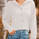 Loose Pocket Lapel Button Textured Blouse