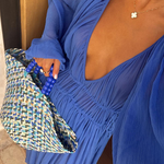 Blue Gemstone Chiffon Ruched Gathered Waist Maxi Dress
