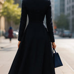 A-Line Long Sleeves Buttoned Pockets Solid Color Stand Collar Woolen Coat