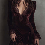 Polyester Velvet Lace Trim Mini Dress - Burgundy