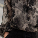 Sheer Floral Print High-Neck Long Sleeve Blouse