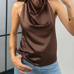 Chic Halter Cowl Neck Sleeveless Satin Top