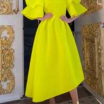 Original Loose Half Sleeves Falbala Solid Color Round-Neck Midi Dresses