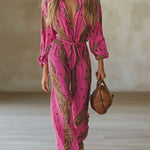 Casual Loose Rose Red Chiffon Leopard Print Long-Sleeved Jumpsuit