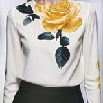 Long Sleeves Loose Flower Print Pleated Round-Neck Blouses&Shirts Tops
