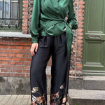 Satin Solid Color V-neck Tie Up Long Sleeve Loose Shirt