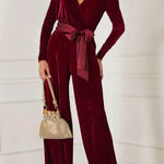 Love One Another Velvet Bow Belted Pocket Cutout Back Loose Jumpsuit