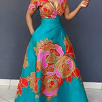 A-Line Loose Floral Printed Split-Joint Deep V-Neck Evening Dresses Maxi Dresses