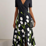 A-Line High Waisted Flower Print Split-Front V-Neck Maxi Dresses