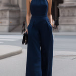 Sophisticated Navy Halter Neck Wide-Leg Jumpsuit