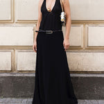Loose Sleeveless Belted See-Through Solid Color Halter-Neck Maxi Dresses