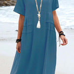Summer loose casual cotton and linen solid color round neck short-sleeved mid-length dress
